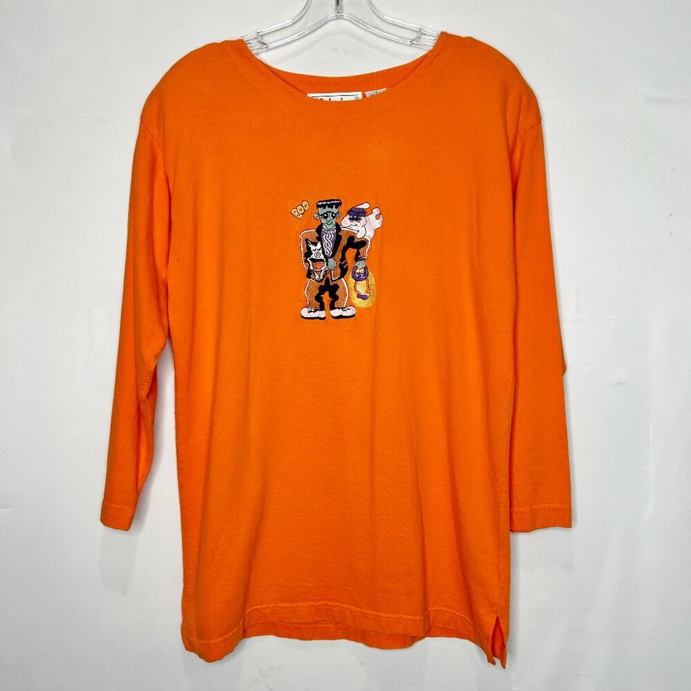 Vtg Malarkey Woman’s Top Sm Halloween Orange Frankenstein Ghost & Friends Shirt